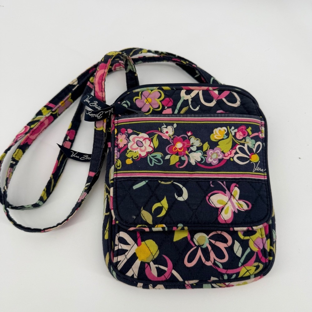 Vera Bradley Quilted Floral Butterfly Small Crossbody Bag Purse Blue Pink Yellow